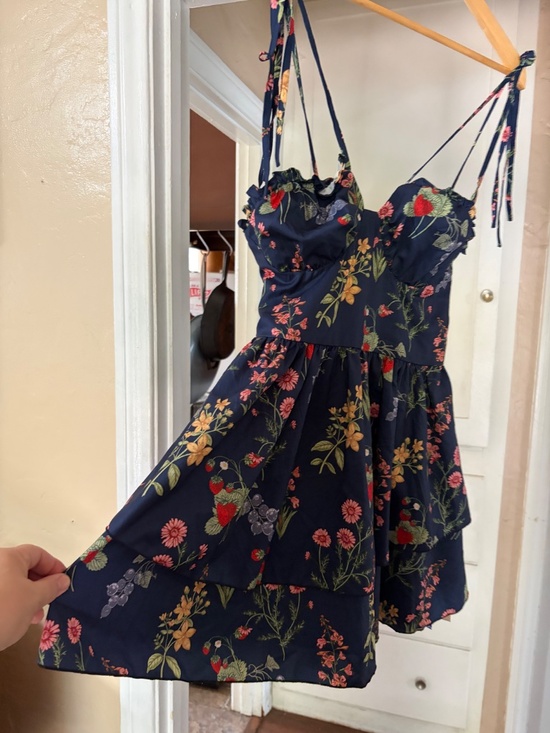 Cider Dresses & Skirts - 🍎 NWT Cider Navy Floral Ruffle Tie-Back Mini Dress Size Medium 🍓🌷